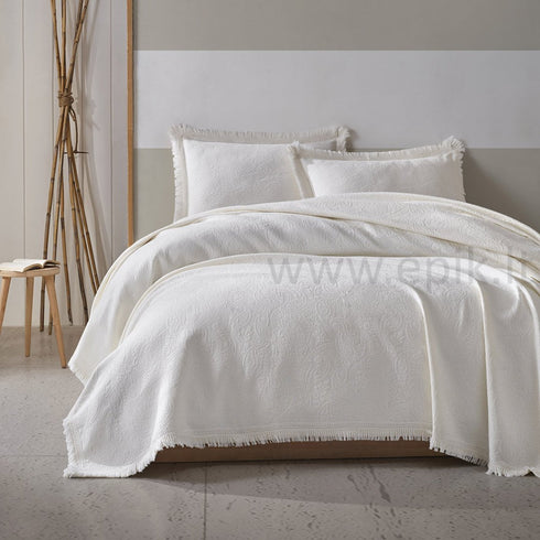 Prabangi medvilninė austinių žakardo raštų lovatiesė "Grace" su 2 pagalvių užvalkalais, dramblio kaulo